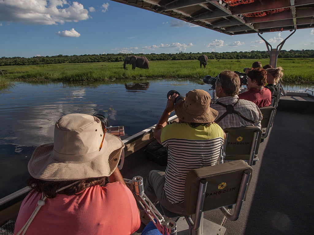 Guests photographing elephants on the Pangolin Photo Boat Guests photographing elephants on the Pangolin Photo Boat