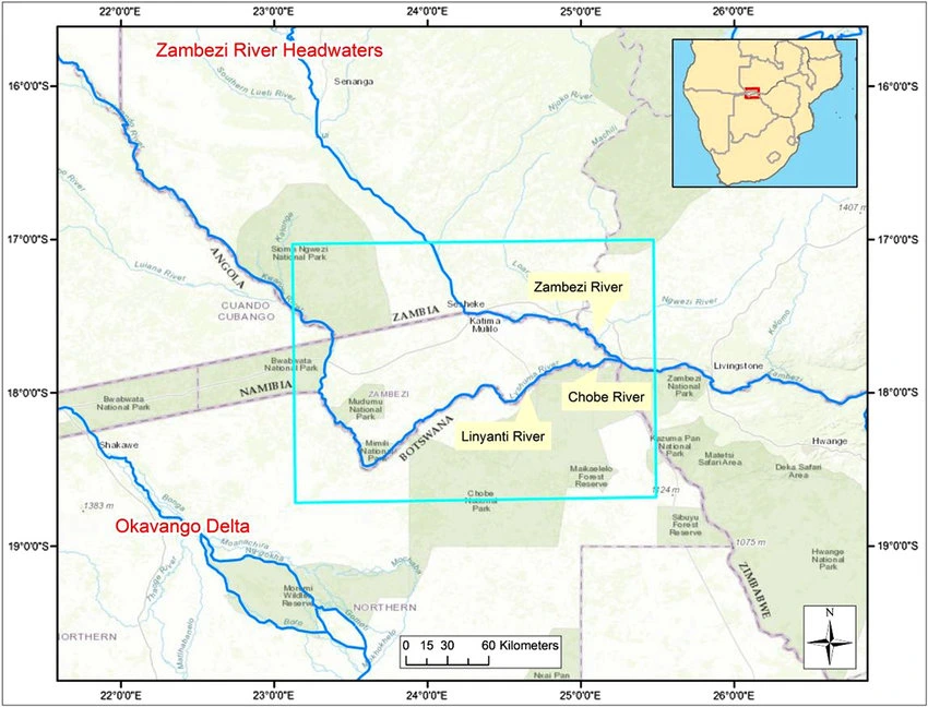 Detailed map of the water systems of the Chobe River