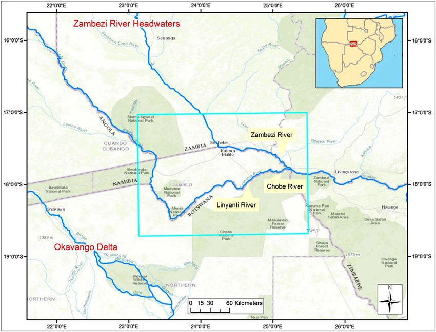 Where is the Chobe National Park Botswana Detailed map of the water systems of the Chobe River