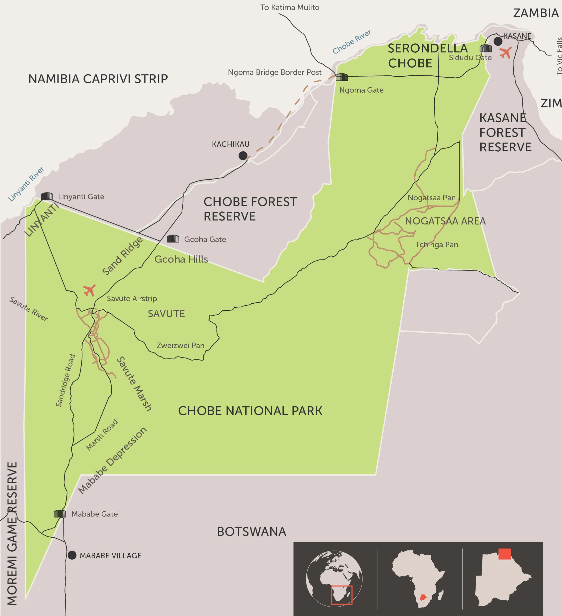 map of chobe national park in botswana, africa Map of Chobe national park in Botswana - Africa.