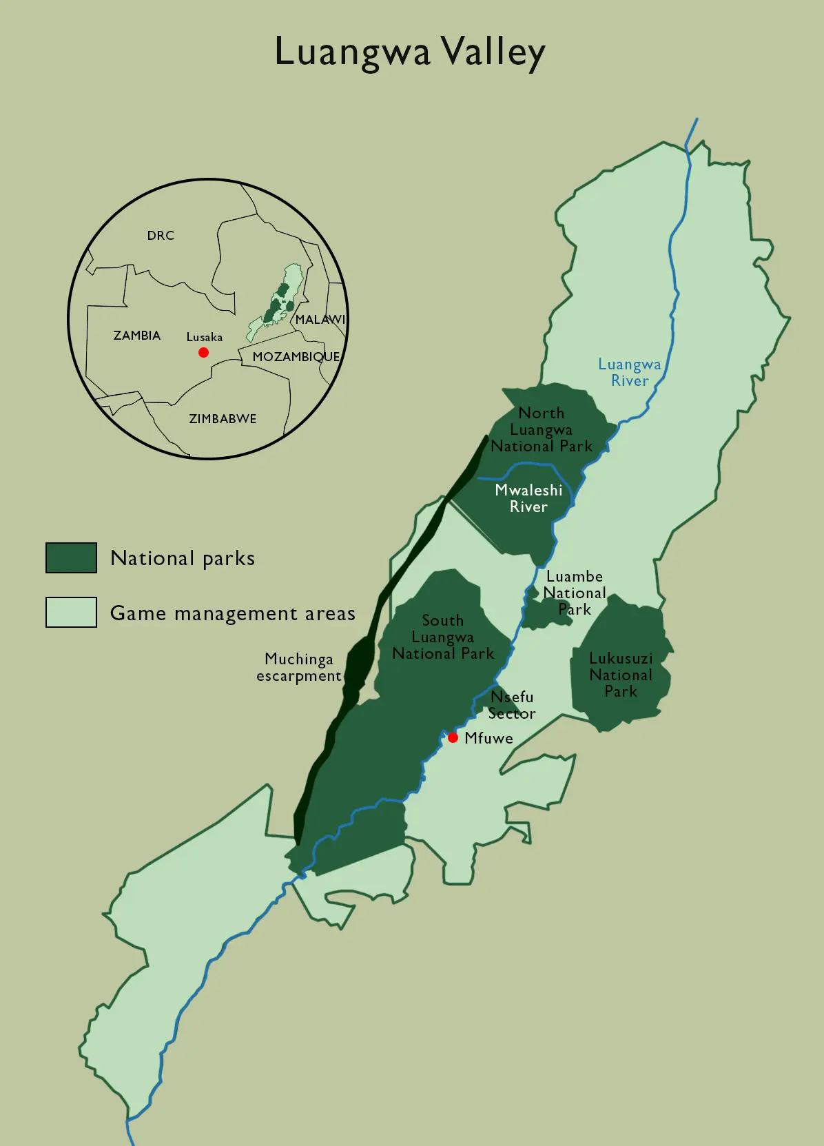 Map of the Luangwa Valley in South Luangwa 