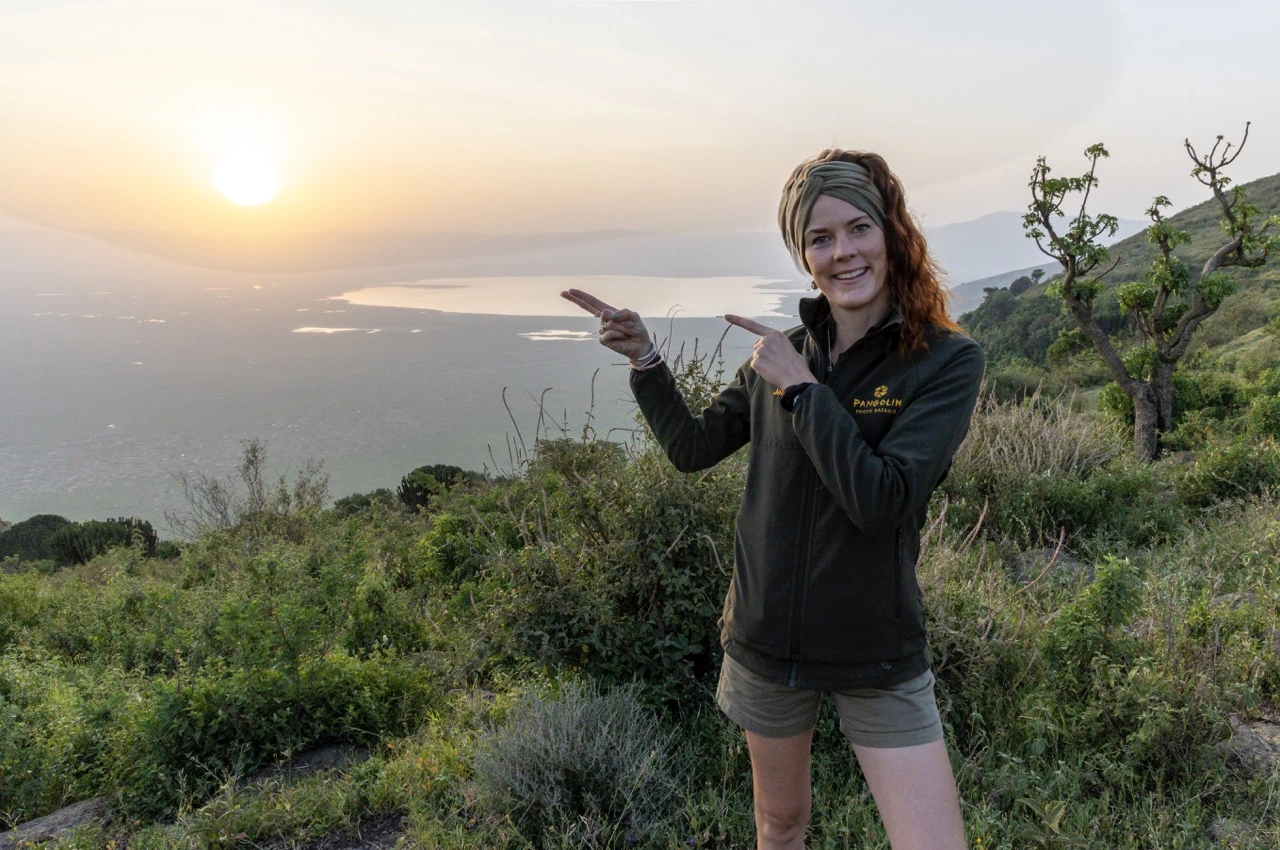 Pangolin Photo Host, Janine Krayer, at the Ngorongoro Crater on the crater rim