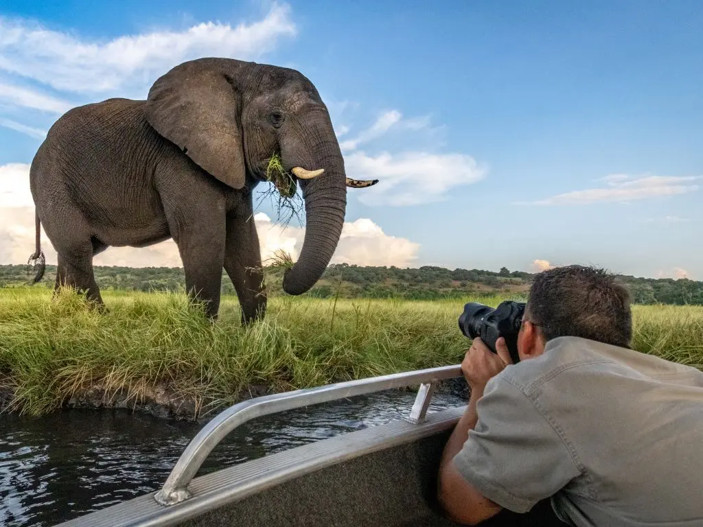 Charl photographing an elephant from the photo boat